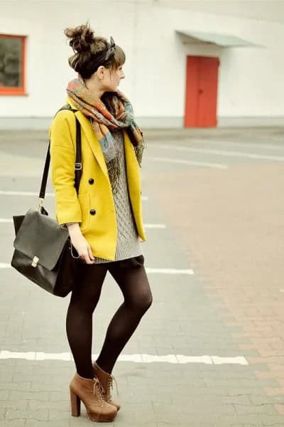 Yellow Jacket with Blush Pink Cable Knit Mini Sweater Dress