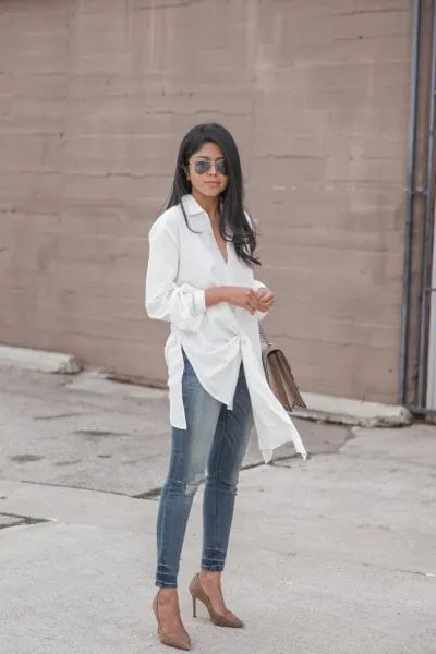 White Tunic Shirt with Grey Skinny Ankle Jeans & Heels