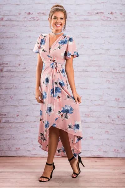 Pink and Blue Floral Printed High Low Maxi Dress