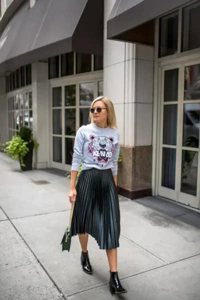 Light Grey Graphic Sweater with Black Pleated Midi Skirt