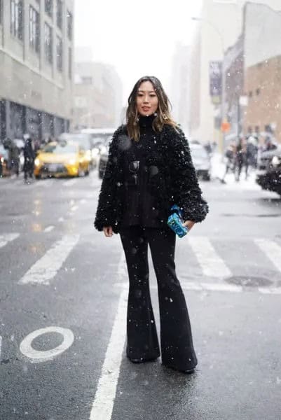 Black Fuzzy Coat with Flared Jeans & Heeled Boots