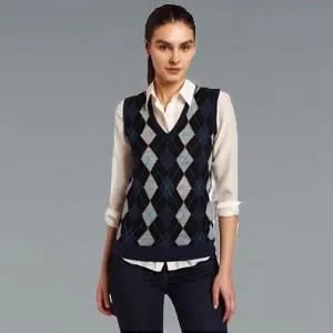 Grey and Black Diamond Patterned Sweater Vest with Pale Pink Shirt