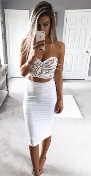 White Sweetheart Neckline Crop Top with High Waisted Bodycon Midi Skirt