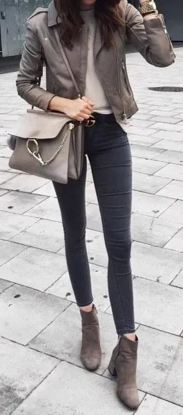 Grey Leather Moto Jacket with Dark Skinny Jeans