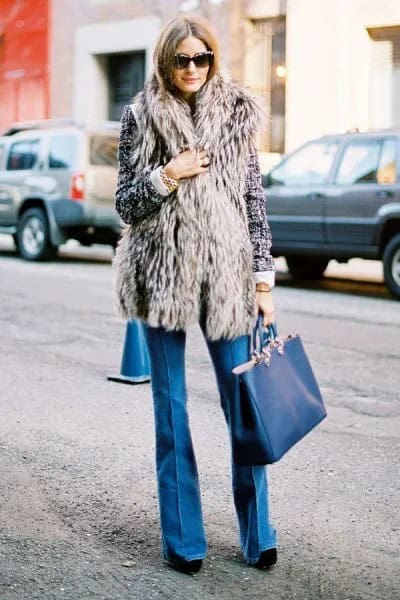 Grey Long Vest with Blue Flared Jeans & Navy Purse