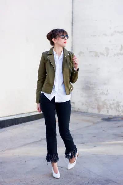 Brown Short Blazer with White Shirt & Black Jeans