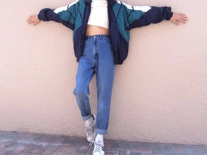 Grey and White Color Block Windbreaker with Mom Jeans