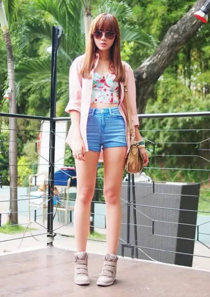 Ivory Long Cardigan with Pink Strapless Crop Top & Blue Mini Shorts