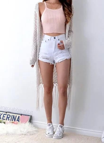 Pale Pink Ribbed Cropped Sleeveless Sweater with White Mini Ripped Shorts