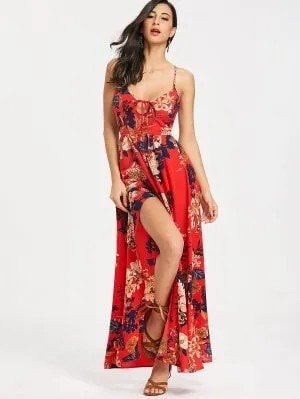 Red and Black Deep V Neck High Split Maxi Cotton Dress