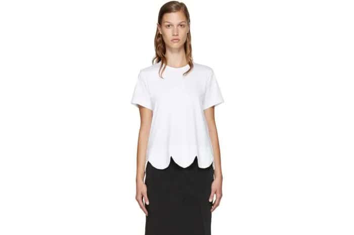 White Scalloped Hem Tee with Black Midi Denim Skirt