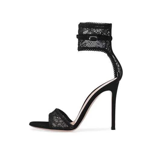 Ankle Strap Open Toe Black Lace Heels with Mini Shift Tank Dress