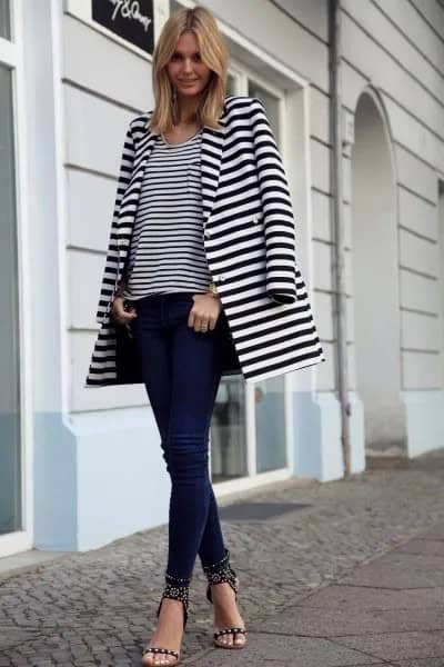 Long Blazer with Black and White Striped Tee & Skinny Jeans