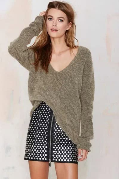 Grey V Neck Oversized Ribbed Sweater with Polka Dot Skirt