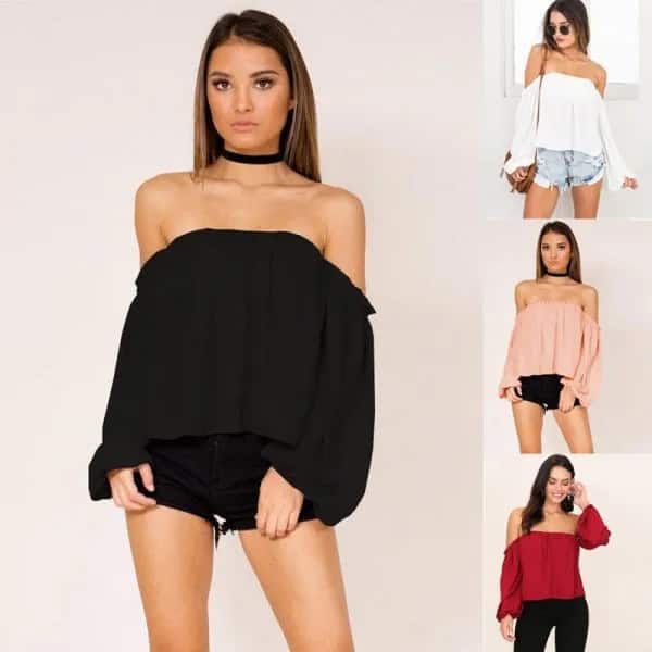 Black Long Sleeve Strapless Blouse with Mini Shorts