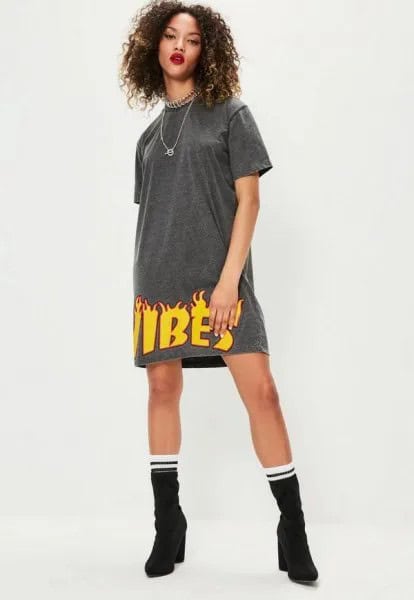 Grey and Yellow Graphic T Shirt Dress with Mid-Calf Boots