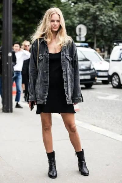 Oversized Black Denim Jacket & U Neck Black Mini Dress