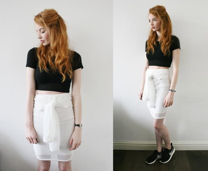 Black Cropped T Shirt with White Ribbon Skirt