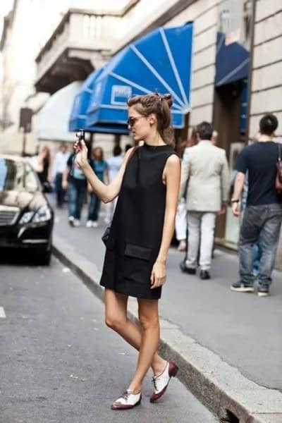 Black Mock Neck Mini Shift Dress with White and Grey Oxford Dress Shoes