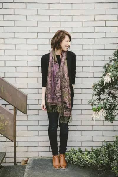 Black Sweater with Tribal Printed Pashmina Scarf & Dark Skinny Jeans