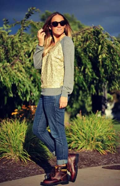 Grey Sweatshirt with Golden Vest & Cuffed Blue Jeans