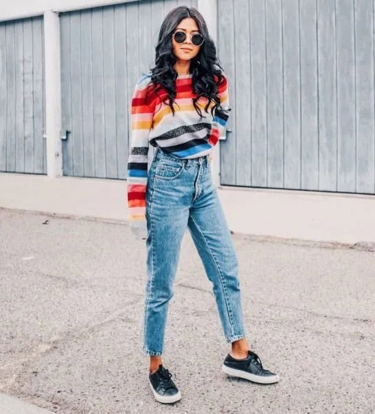 Rainbow-Colored Striped Sweater with Cropped Mom Jeans