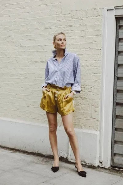 Blue Striped Button Up Shirt with Yellow Flowy Shorts