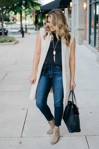 Ivory Long Vest with Navy Sleeveless Top