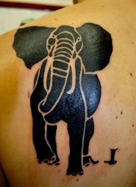 Black Color Polynesian Elephant Tattoo Design on Upper Back