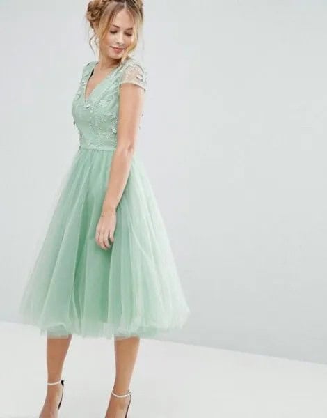 Fit and Flare Green V Neck Midi Tulle Dress