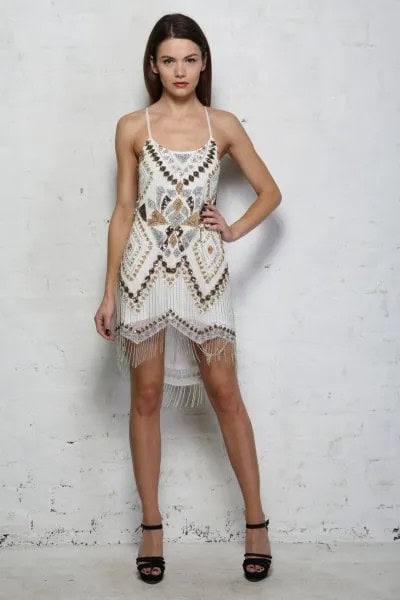 White Tribal Printed Mini Flapper Dress