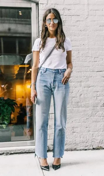 White T Shirt with Blue Straight Leg Mom Jeans & Black Heels