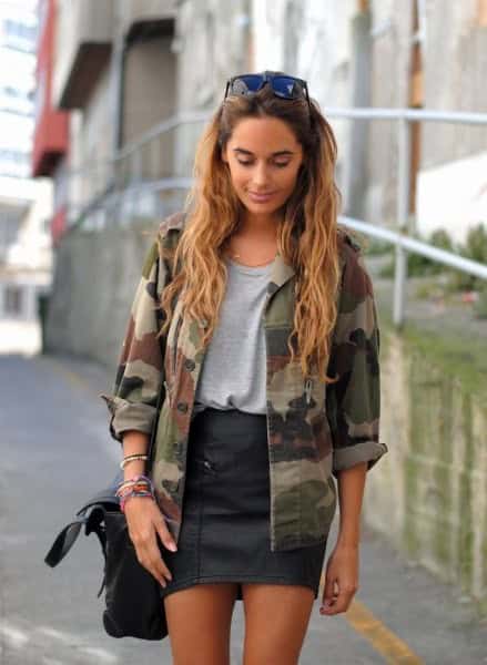 Camo Jacket with Grey Tee & Black Leather Skirt