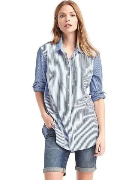 Two-toned Pinstripe Shirt with Cropped Knee Length Shorts