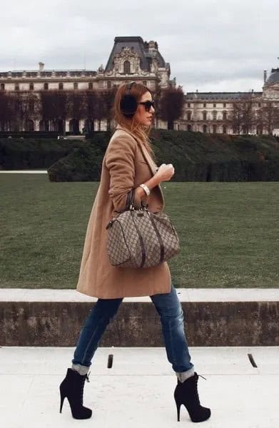 Blush Pink Long Wool Coat with Cuffed Skinny Blue Jeans & Heeled Ankle Boots