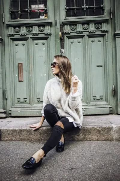 White Turtleneck Ribbed Chunky Sweater with Black Leather Loafers