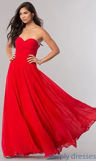 Red Sweetheart Neckline Flared Evening Gown