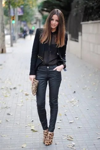 Chiffon Shirt with Black Blazer & Dark Blue Coated Skinny Jeans