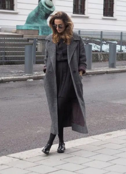 Grey Wool Maxi Coat with Button Up Shirt & Pleated Mini Skirt