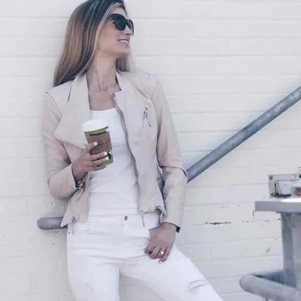 Pink Leather Moto Jacket with All-White Outfit