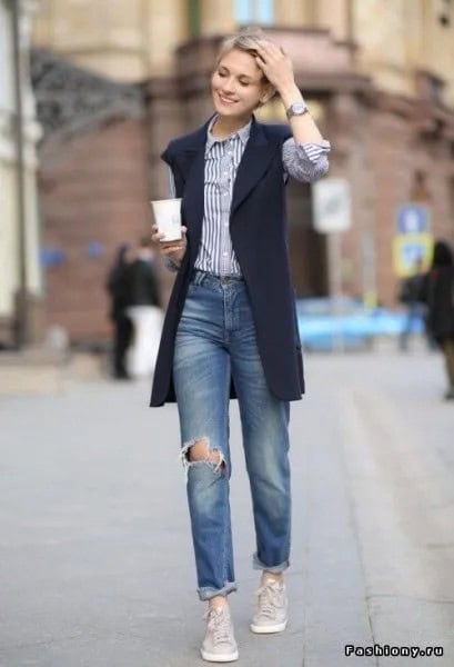 Black Vest Jacket with Blue and White Vertical Striped Shirt & Boyfriend Jeans