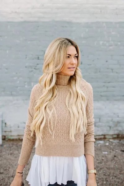 Turtleneck Cable Knit Sweater with White Chiffon Blouse