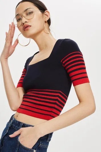 Black and Red Horizontal Striped Cropped Sweater