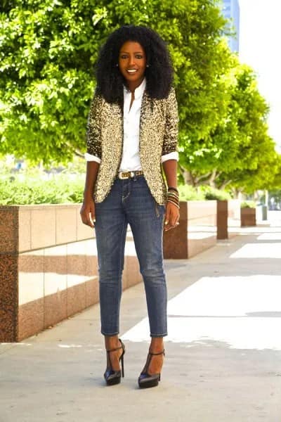 Gold Half Sleeve Blazer with White Button Up Shirt