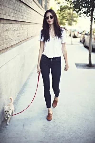 White V Neck T Shirt with Blue Cuffed Jeans & Tan Leather Loafers