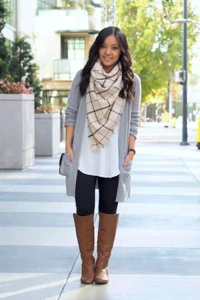 White Blouse with Grey Cardigan & Black Leggings