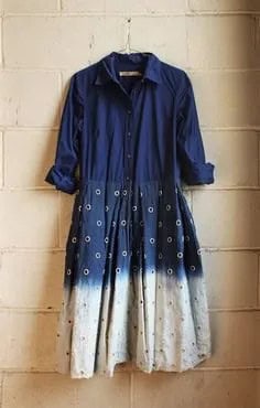 Navy Blue and White Tie Dye Color Block Shirt Dress