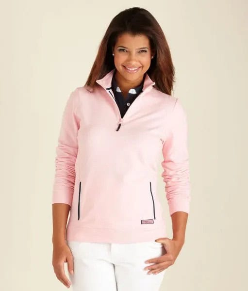 Pale Pink Quarter Zip Golf Pullover with White Jeans