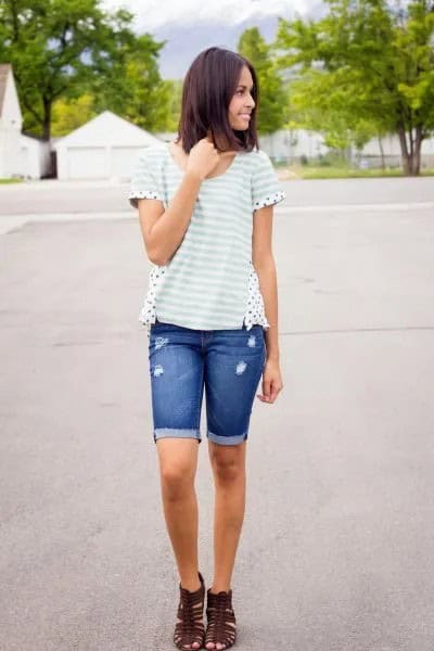 White and Light Grey Striped T Shirt with Blue Cuffed Long Denim Shorts