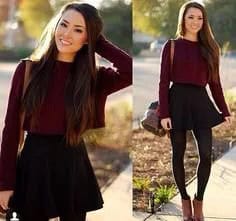 Grey Crew Neck Slim Fit Sweater with Black Mini High Waisted Skater Skirt